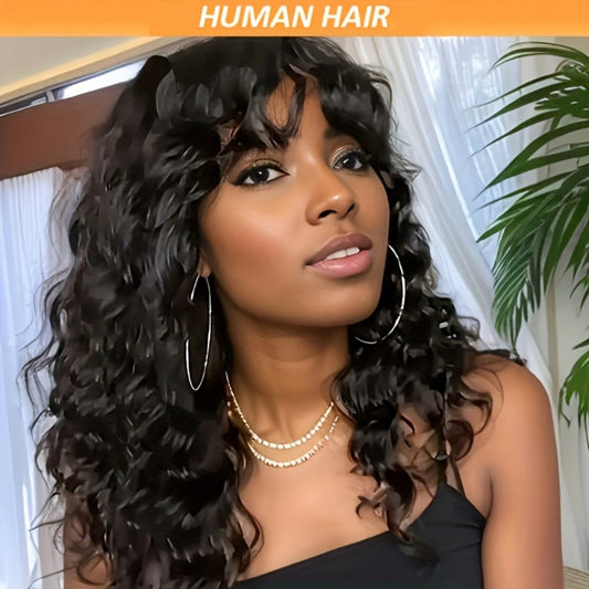 Remy Human Hair Water Wave Wig with Bangs Glueless Full Machine Made Rose Net Cap – Non-Lace Natural Look 16 Inch Daily Wear Party Protective Style Black 1B Women