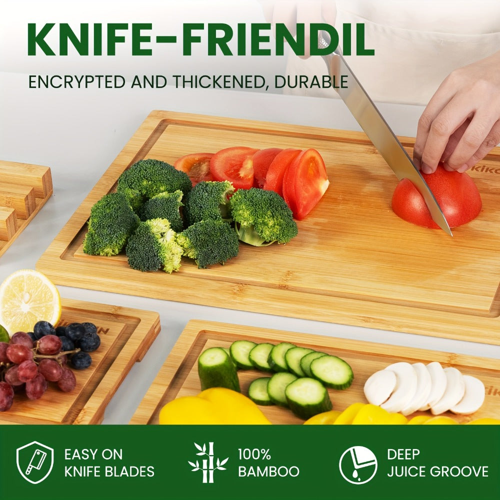 Four-Piece Bamboo Cutting Board Set with Graduated Sizes, Juice Grooves and Storage Rack Included