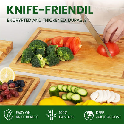 Four-Piece Bamboo Cutting Board Set with Graduated Sizes, Juice Grooves and Storage Rack Included