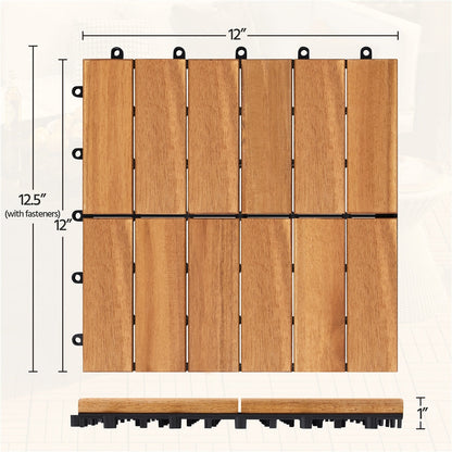 Acacia Wood Deck Tiles Interlocking Outdoor Flooring, Water-Resistant Non-Slip Patio Tiles, Easy Snap DIY Installation for Deck, Garden, Poolside, Balcony – 10pcs & 27pcs Sets Available