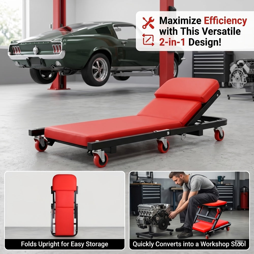 Mechanic Creeper Crawler Seat 36" Z-Type Folding with 6 Swivel Wheels & Adjustable Load Plate - Garage Repair Crawling Board