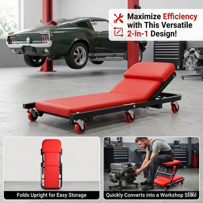 Mechanic Creeper Crawler Seat 36" Z-Type Folding with 6 Swivel Wheels & Adjustable Load Plate - Garage Repair Crawling Board