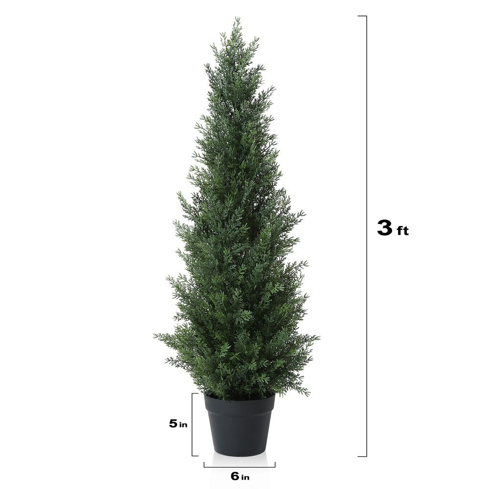 Artificial Cedar Topiary Tree with 3, 4 or 5 ft Height Options, Black Pot and Single or Two-Tree Sets