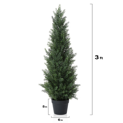 Artificial Cedar Topiary Tree with 3, 4 or 5 ft Height Options, Black Pot and Single or Two-Tree Sets