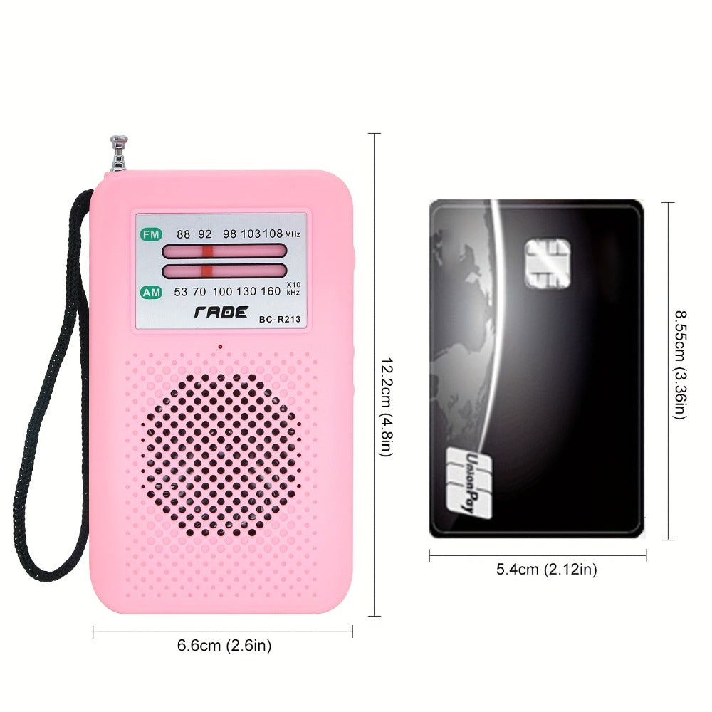 Pocket AM/FM Radio with Manual Tuner, Telescopic Antenna, Wrist Strap and Pink or Black Case
