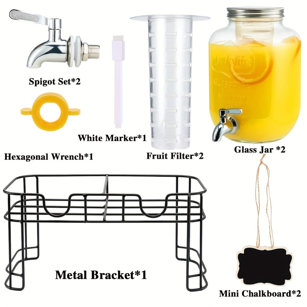 Two 1-Gallon Glass Beverage Dispensers with Spigots and Raised Metal Stand for Parties and Events