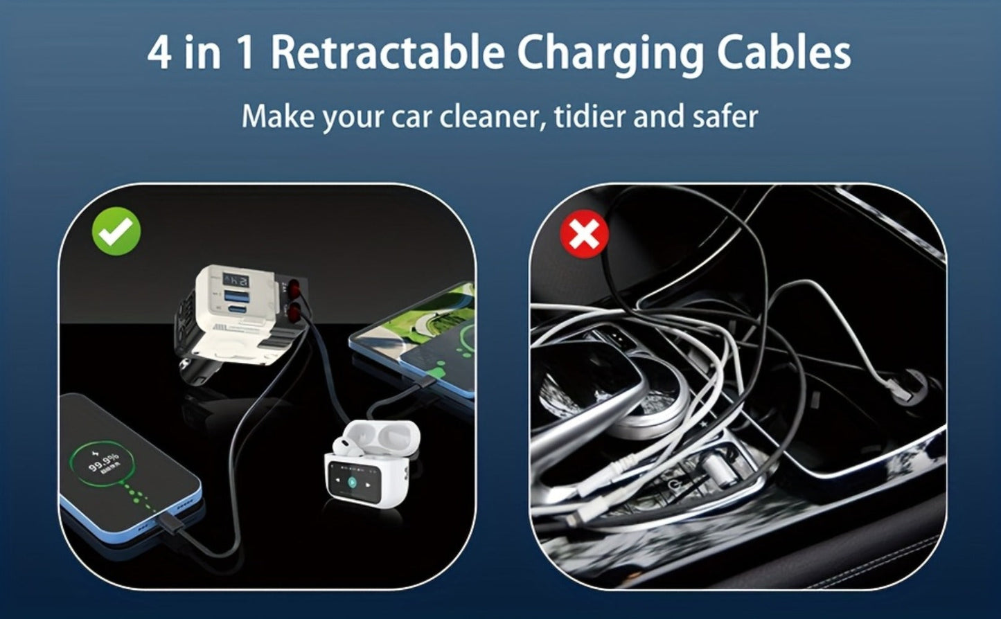 Dual Retractable Cable Car Charger 4-in-1 with Lightning & Type-C 31in, 2 USB-A Ports & Voltage Supervision – Tangle-Free Fast Car Phone Charger for iPhone Samsung Android, Multi Port Car Charging Adapter 4 Colors