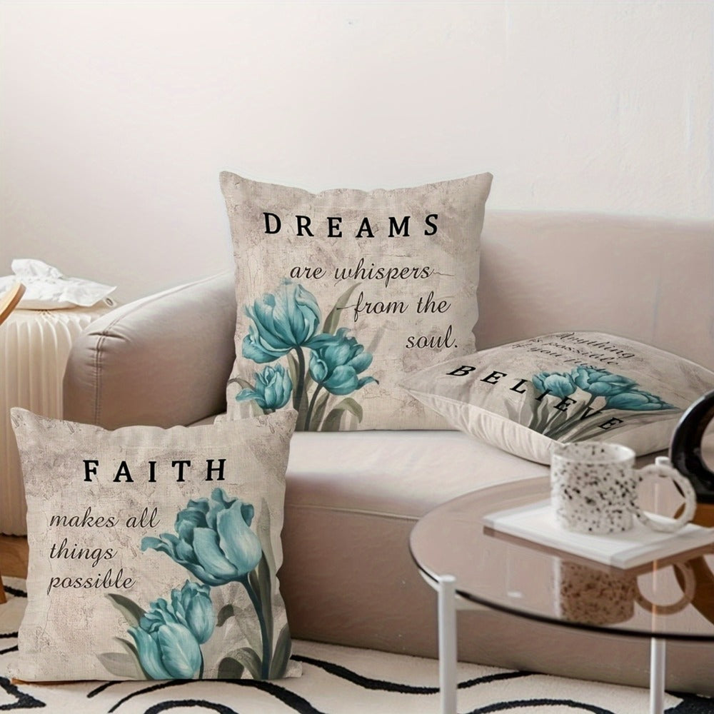 Four-Piece Teal Floral Pillow Cover Set, 18 x 18 Inches with Tulip Prints and Inspirational Words