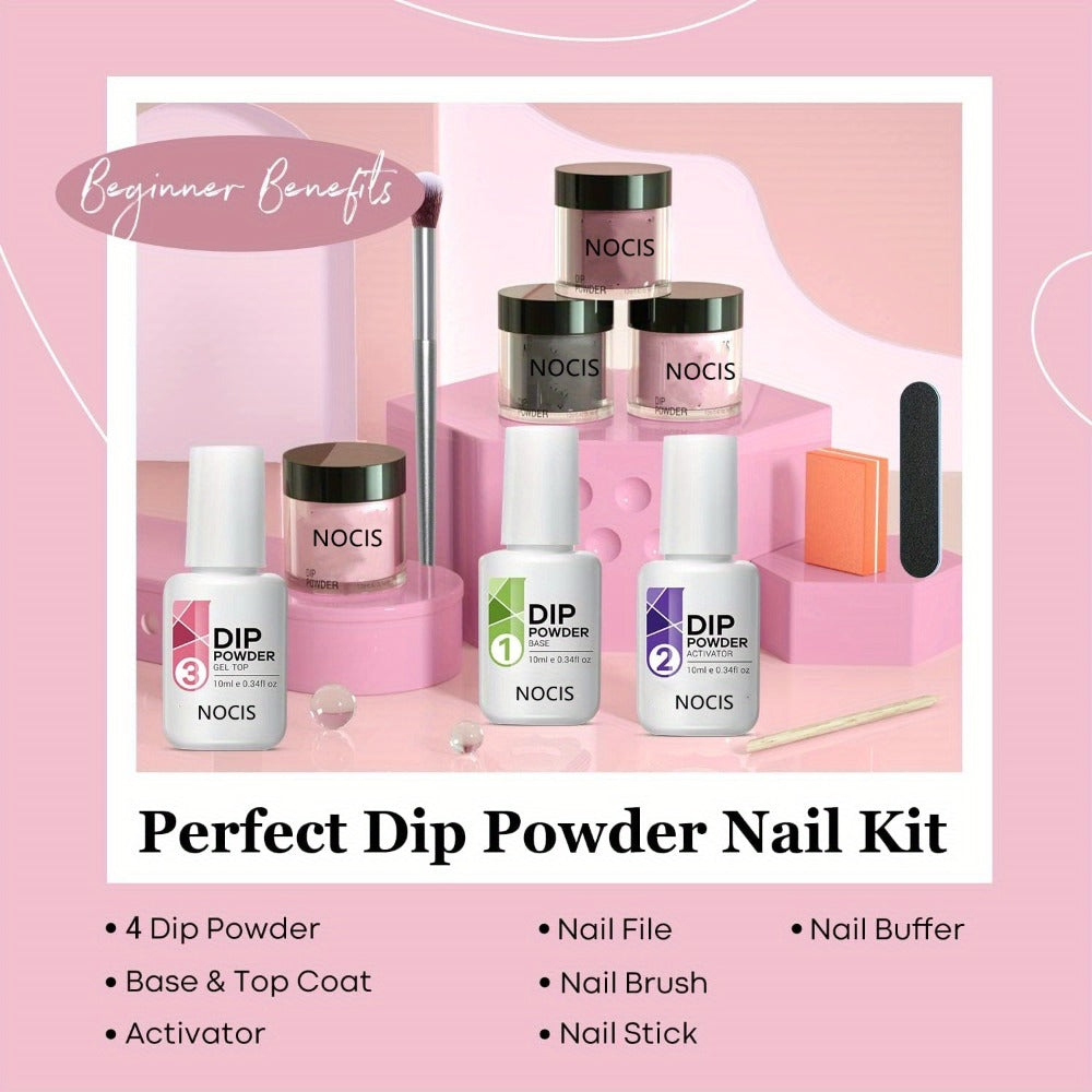 Dip Powder Nail Kit with NOCIS Label, Four Nude Gray Pink Powders, Three 10ml Liquids and Four Tools