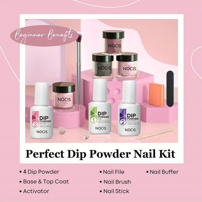 Dip Powder Nail Kit with NOCIS Label, Four Nude Gray Pink Powders, Three 10ml Liquids and Four Tools