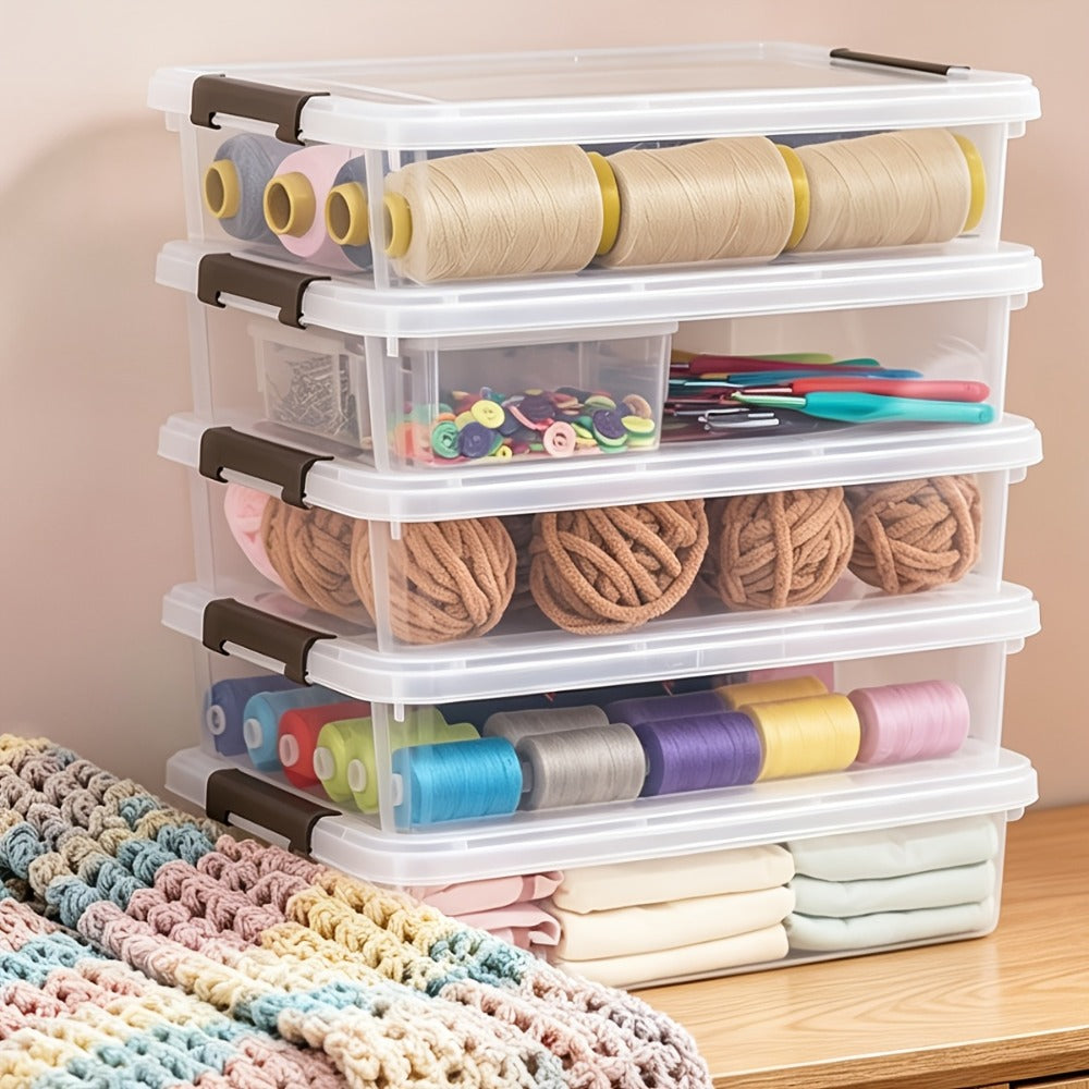 Five-Piece Clear Storage Box Set with Latching Lids, Stackable Low-Profile Design and 13.58-Inch Length