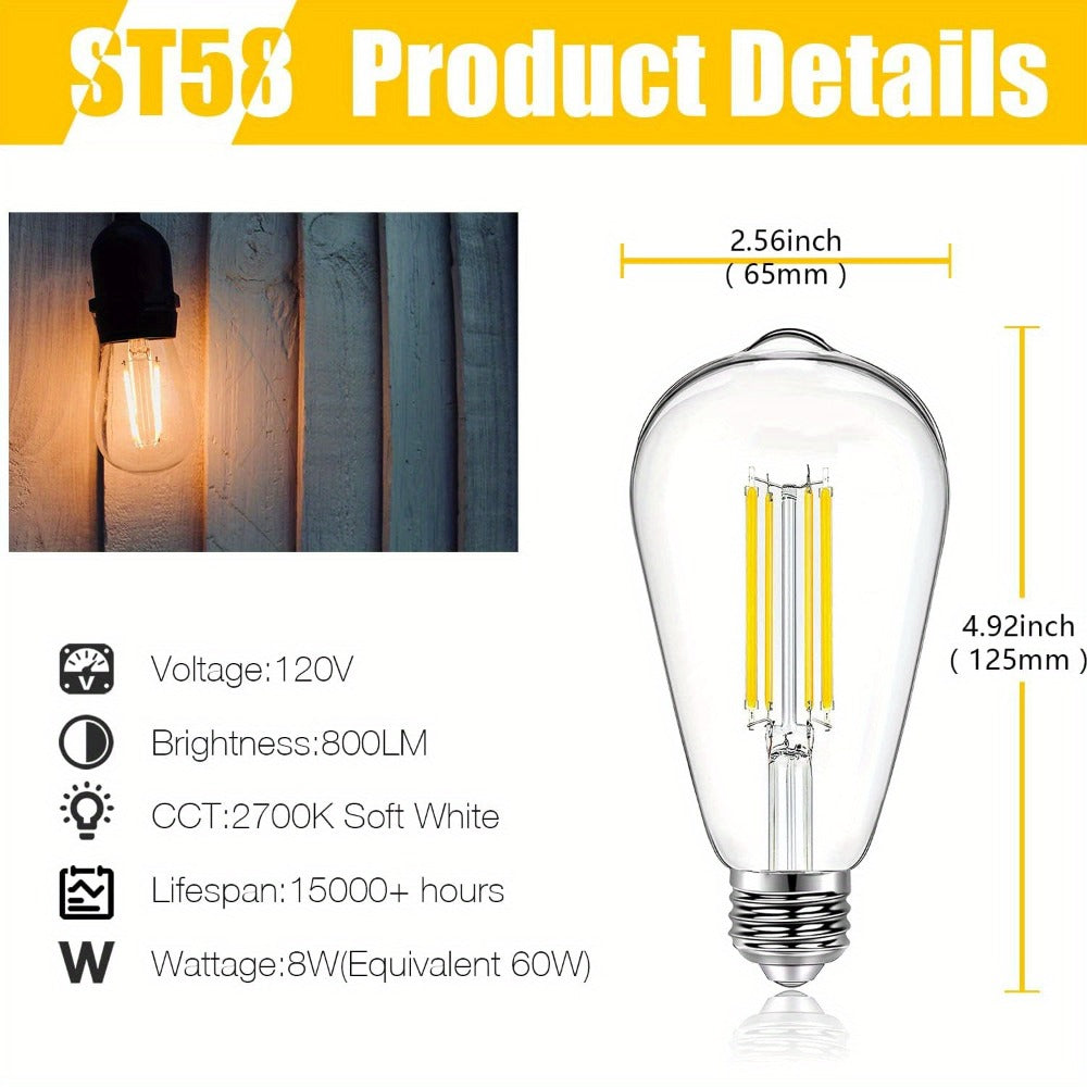Vintage Edison LED Filament Bulbs, 8 W and 800 Lumens with Dimmable E26 Base and 2700 K Warm White, 12 Pack