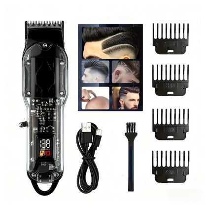 Transparent-Shell Hair Clipper with Digital Display, Six Single-Clipper Colors or Black Three-Piece Grooming Kit