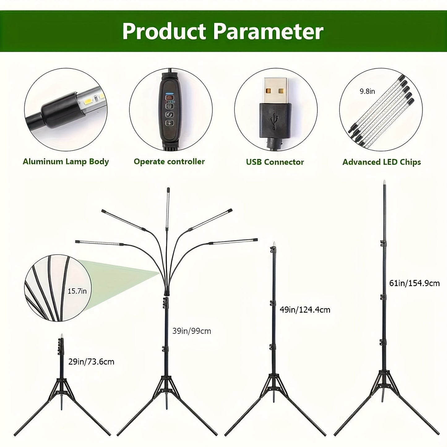 USB Tripod LED Plant Lamp with 4, 5 or 6 Flexible Heads and Adjustable 29-61in Floor Stand