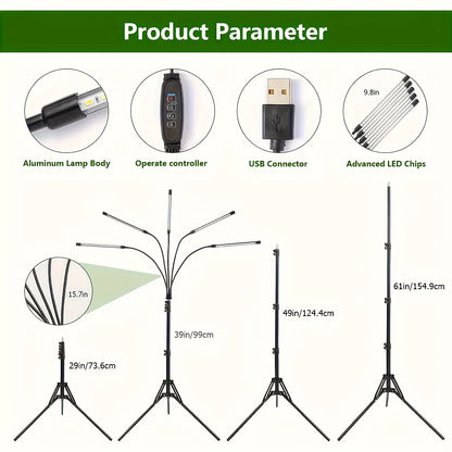 USB Tripod LED Plant Lamp with 4, 5 or 6 Flexible Heads and Adjustable 29-61in Floor Stand
