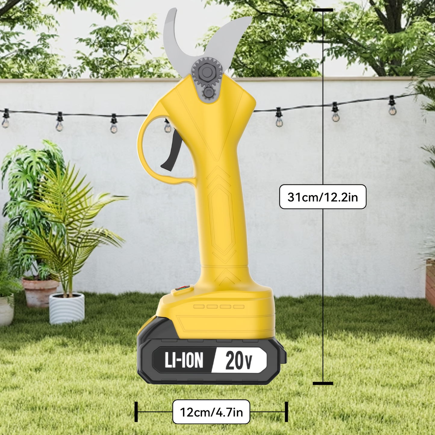 20V-Labeled Cordless Pruning Shears with Display, Yellow or Green Body and One- or Two-Battery Kits
