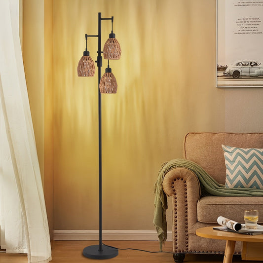Boho Rattan Floor Lamp Dimmable – 3-Light Stepless Dimming Standing Lamp with Natural Rattan Shade & Metal Base for Living Room, Bedroom, Dining Room – Warm Bohemian Home Lighting