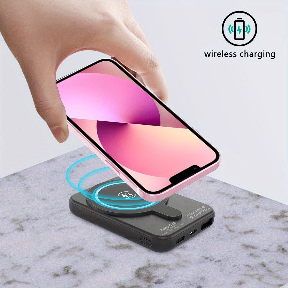 10000mAh Magnetic Wireless Power Bank Mini Portable Charger – Fast Wireless & Wired Charging, Dual USB Ports, Compatible with iPhone 15/14/13/12 MagSafe & All Qi-Enabled Devices, Black/Pink