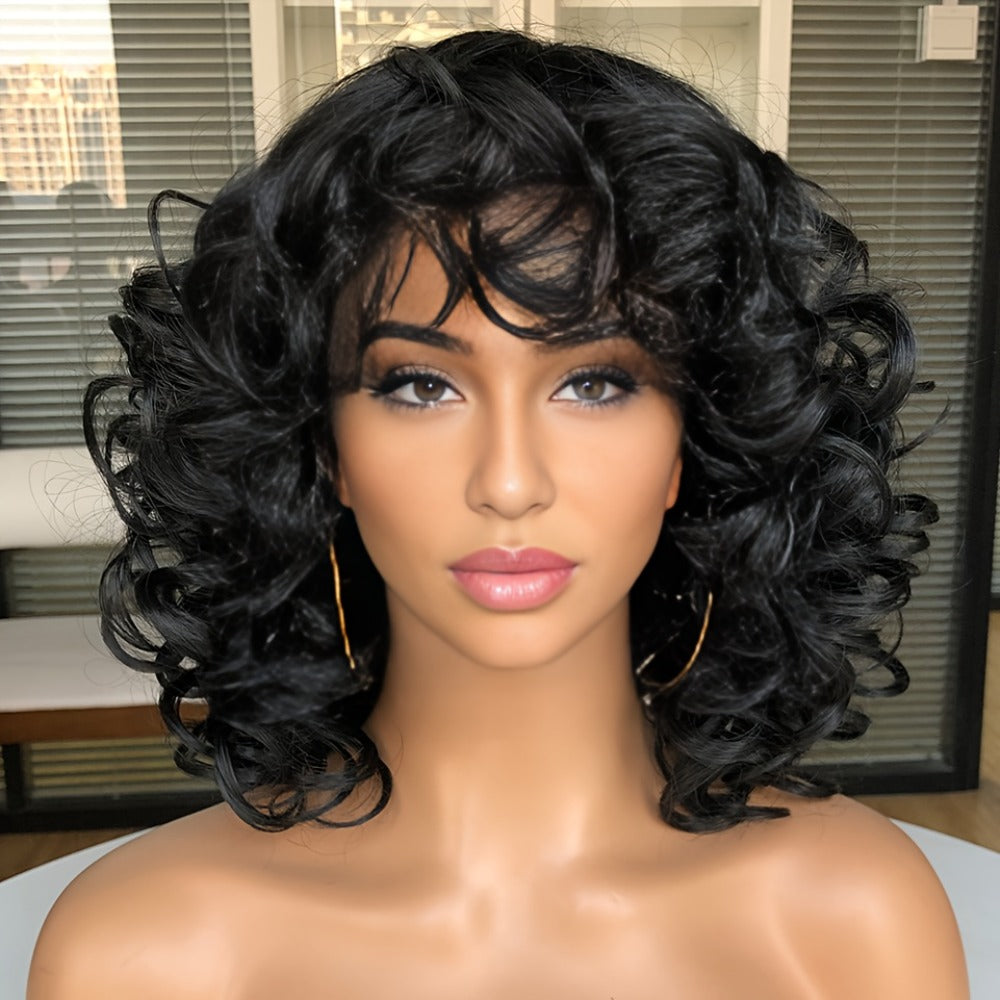 Synthetic Wig 14-Inch Jerry Curls with Wispy Bangs and 13x1 Lace Front in Three Colors for Daily Styling