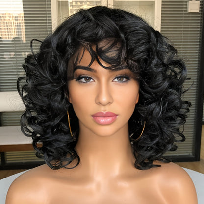 Synthetic Wig 14-Inch Jerry Curls with Wispy Bangs and 13x1 Lace Front in Three Colors for Daily Styling
