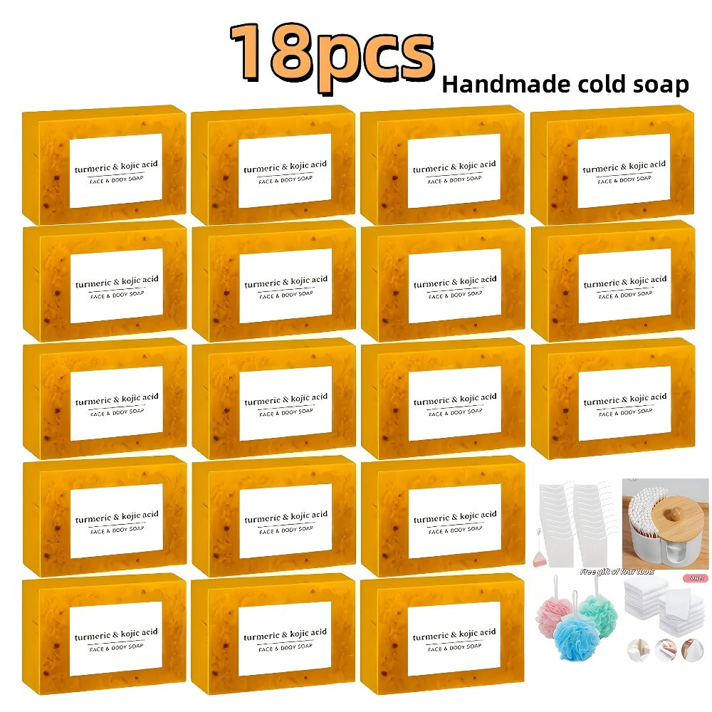Kojic Acid Soap Set with Turmeric & Lemon – Handmade Cold-Processed Brightening Bars for Face & Body, Deep Cleansing & Hydrating, All Skin Types, Includes Foaming Net & Bath Tools