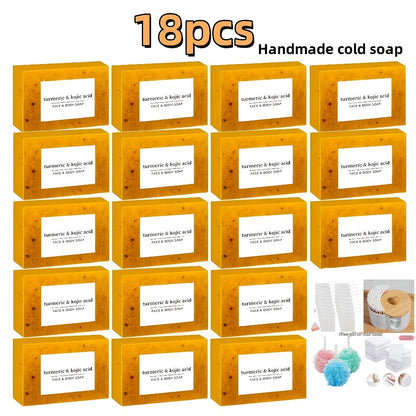 Kojic Acid Soap Set with Turmeric & Lemon – Handmade Cold-Processed Brightening Bars for Face & Body, Deep Cleansing & Hydrating, All Skin Types, Includes Foaming Net & Bath Tools