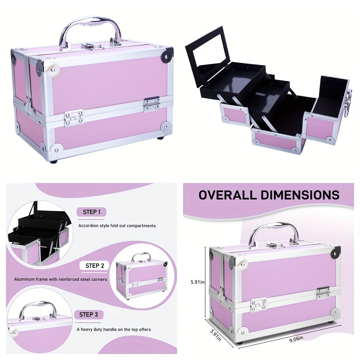 Multi-Level Makeup Train Case with Locking Latches, Extendable Trays and Four Exact Size Checkout Options