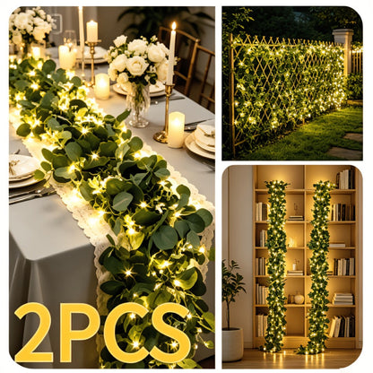 Lighted Eucalyptus Wreath Garland 6FT LED 2 Pack - Artificial Green Vine with Lights for Wedding Centerpiece