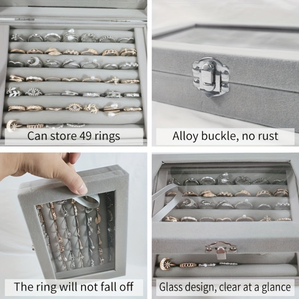Jewelry Box with Locking Lid – 49-Ring Capacity Glass-Like Plastic Ring & Earring Organizer, Large Rectangular Storage Case, Waterproof Anti-Tarnish, 4 Colors, Holiday Gift