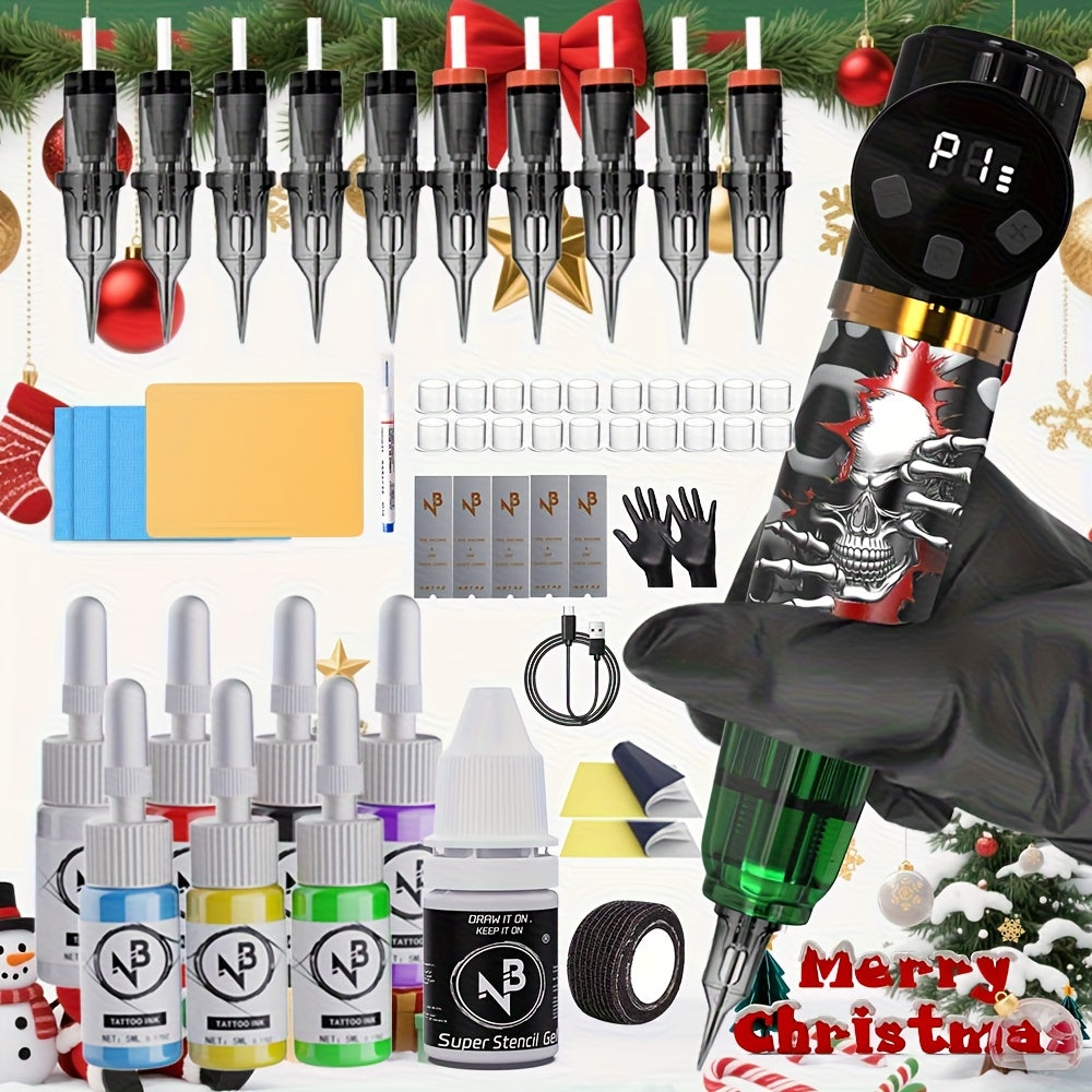 Tattoo Kit for Beginners Complete Set - Cordless Tattoo Gun with 1100mAh Battery, 10 Needles, 7 Ink Bottles, Professional Rotary Tattoo Machine Starter Kit for Women Men Artists