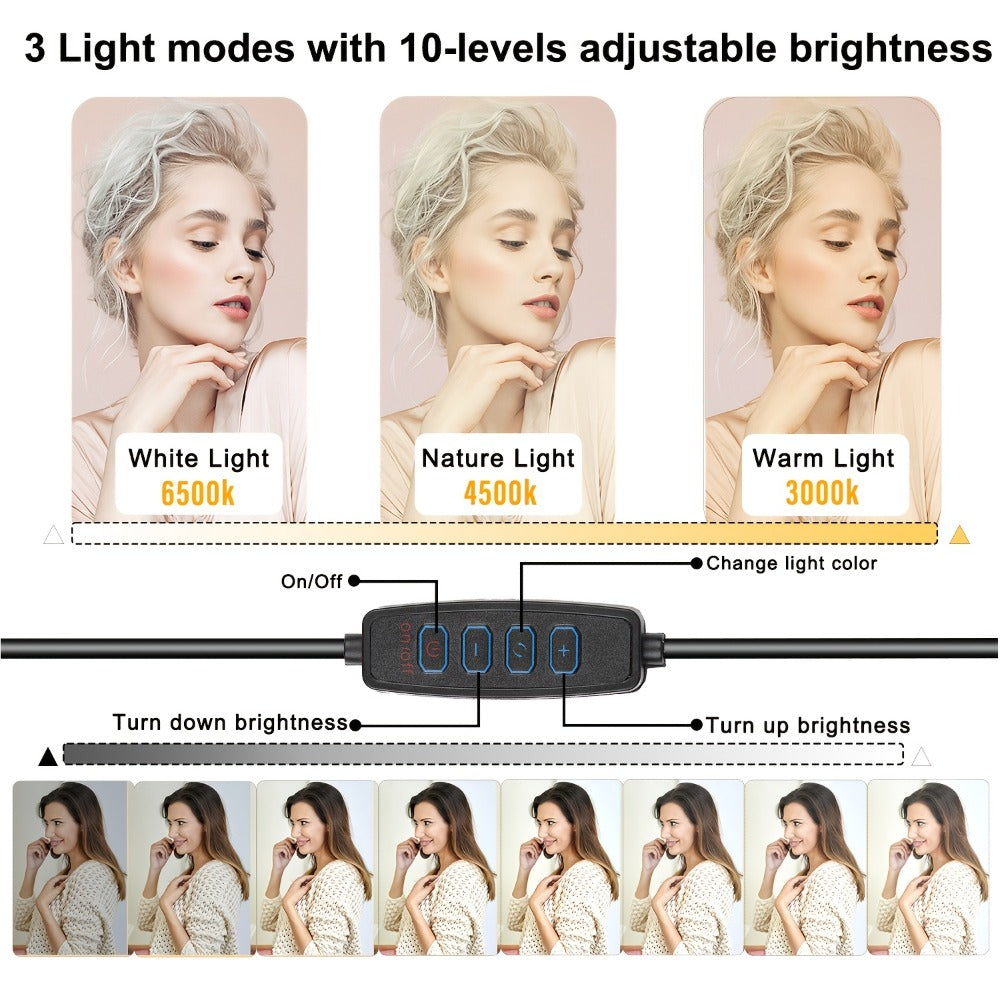 Square Fill Light Kit 10 Inch with Metal Ball Head & 15 Inch Extension Rod, Adjustable Tripod, 3 Color Modes