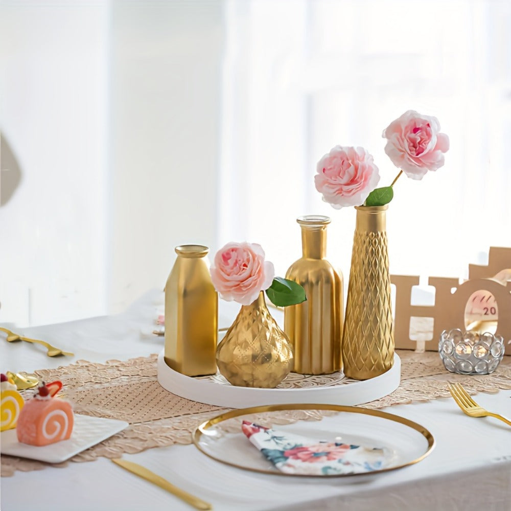 Gold-Tone Glass Bud Vases, Four- or Eight-Piece Mixed Art Deco Bottle Set for Tables and Centerpieces