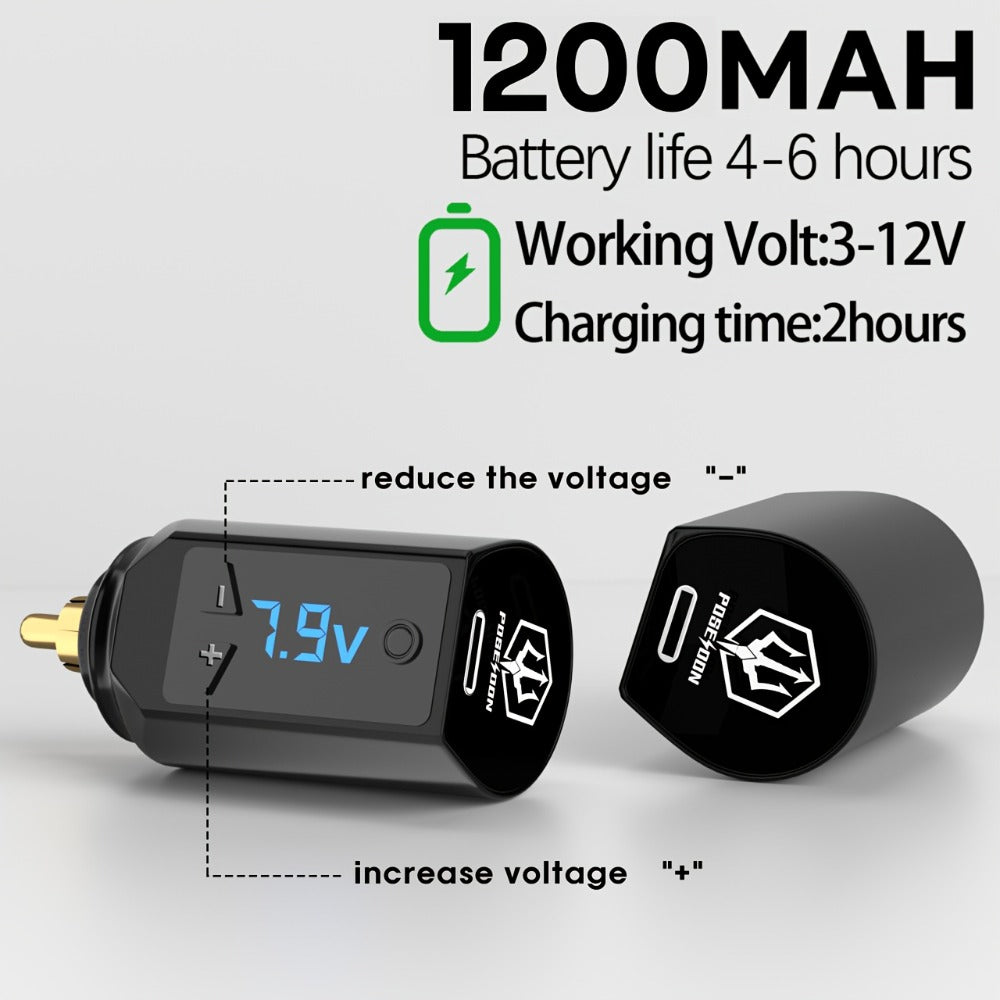 PS083 1200mAh RCA Tattoo Power Supply with LED Voltage Display, 3–12V Control and USB Charging