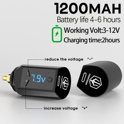 PS083 1200mAh RCA Tattoo Power Supply with LED Voltage Display, 3–12V Control and USB Charging