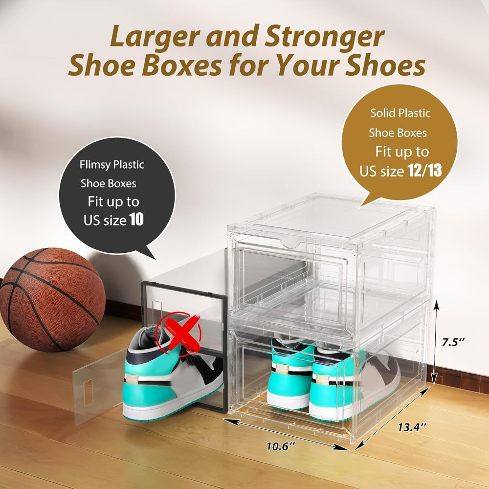 Clear Stackable Shoe Storage Boxes 6/12 Pack XX Large Hard Plastic Organizer for Size 12 Sneakers Closet White