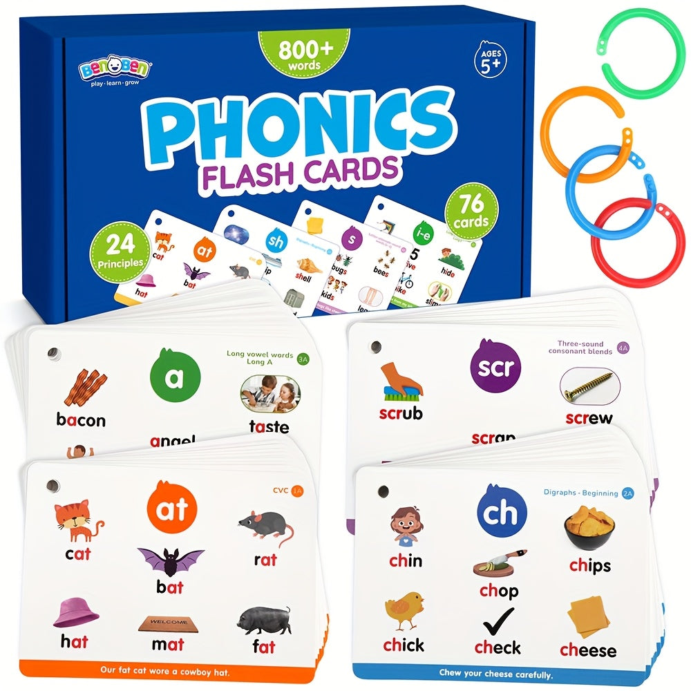 Phonics Flash Cards for Kids 76 Cards 24 Principles – CVC Digraphs Consonant Blends Long Vowels, Learn to Read Spelling Aid for Kindergarten Homeschool Classroom, Educational Gift Pre-K 1st 2nd Grade Ages 3-8