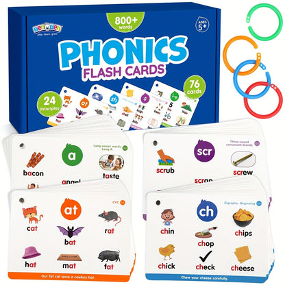 Phonics Flash Cards for Kids 76 Cards 24 Principles – CVC Digraphs Consonant Blends Long Vowels, Learn to Read Spelling Aid for Kindergarten Homeschool Classroom, Educational Gift Pre-K 1st 2nd Grade Ages 3-8