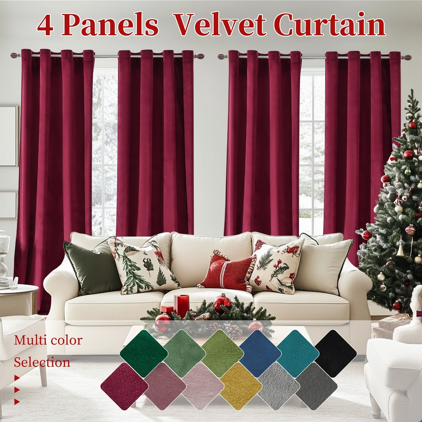 Four-Panel Velvet Blackout Curtain Set with 12 Colors, 10 Sizes and 1.6-Inch Grommet Openings