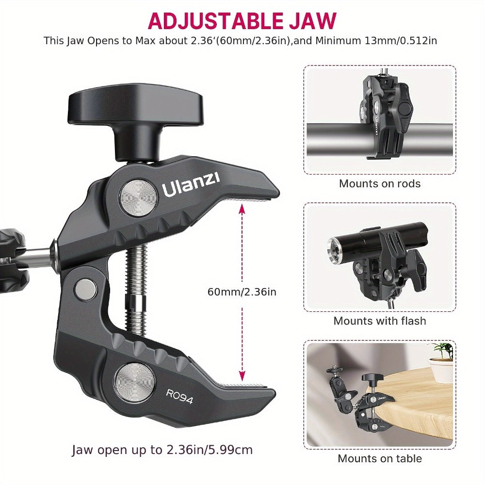 ULANZI Super Clamp 360° Ballhead Magic Arm Double Ball Head Camera Mount with 1/4"-20 & 3/8"-16 Thread for Canon Nikon DSLR, Action Camera, LED Lights, DJI Ronin & Freefly MOVI
