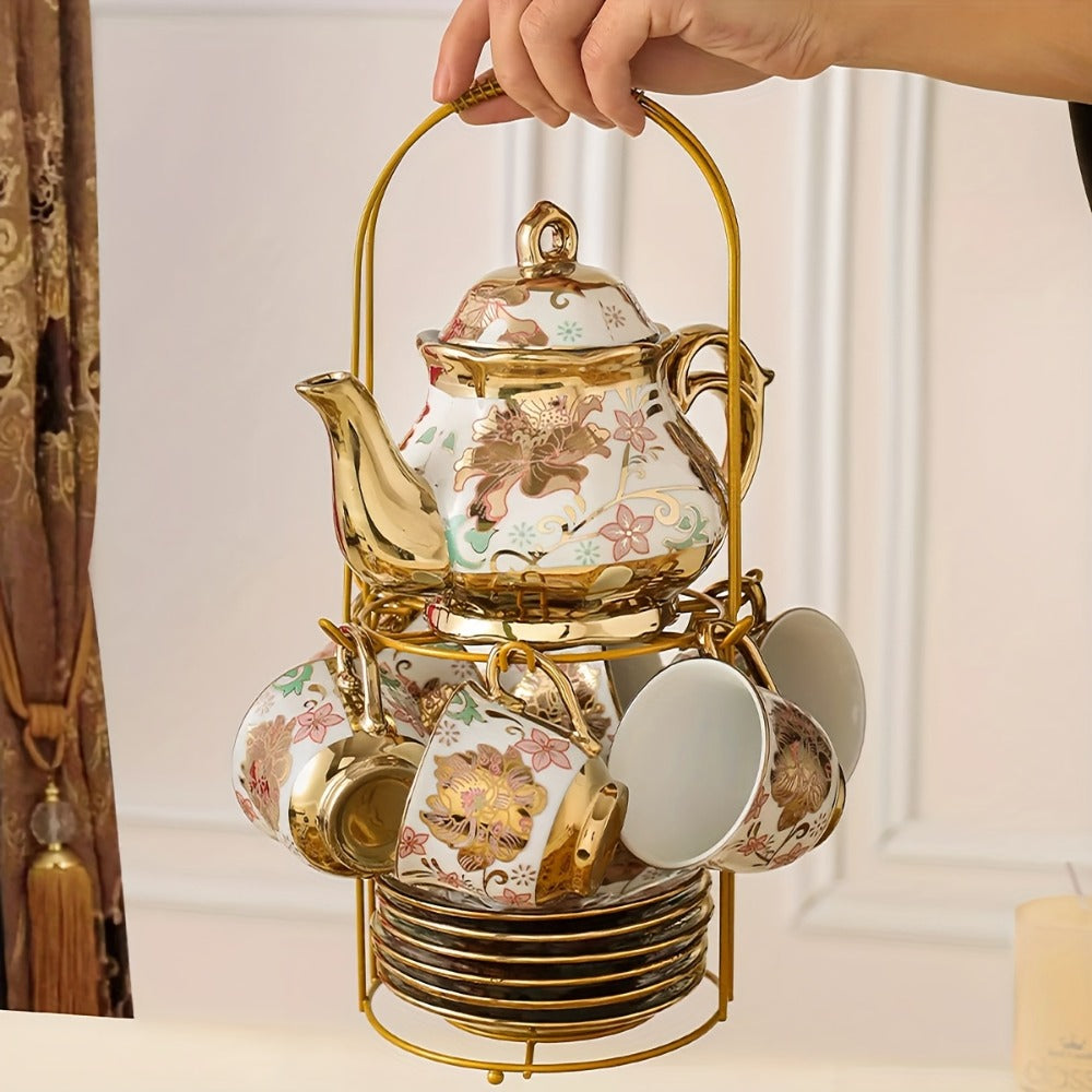 Twenty-Piece Floral Ceramic Tea Set with 15-Ounce Teapot, Six Cups, Saucers, Spoons and Metal Rack