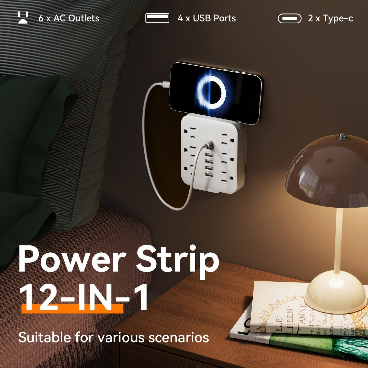 Power Strip Direct-Wall 12-in-1 Outlet Extender with 6 AC Outlets, 4 USB-A, 2 USB-C and 110–130V Input