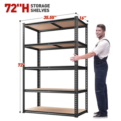 5-Tier Heavy Duty Metal Shelving Unit 2000LBS – Adjustable Freestanding Steel Garage Storage Shelves 72"H x 35.5"W x 15.8"D Tool-Free Assembly Utility Rack Black