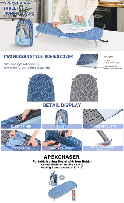 Compact Tabletop Ironing Board with Fold-Out Iron Holder in Blue, Pink or Black Cover Options