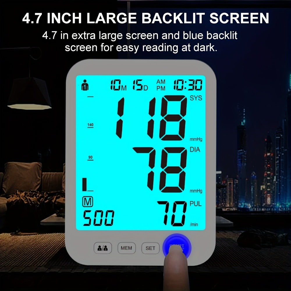Blood Pressure Monitor Upper-Arm Device with 22-42 cm Cuff, Large Backlit Display, Dual-User Memory and Two Power Options