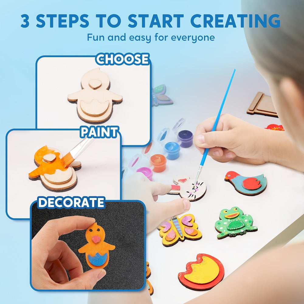 Wooden Magnet Painting Craft Kit, 12-Piece Nature Shape Set with Six Paint Tubs, Brushes and Glitter Pen