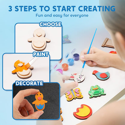 Wooden Magnet Painting Craft Kit, 12-Piece Nature Shape Set with Six Paint Tubs, Brushes and Glitter Pen