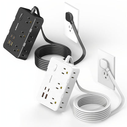 Flat Plug Extension Cord Surge Protector 10-in-1 with 6 AC Outlets 2 USB-C 2 USB-A Ports 5ft Ultra Thin Power Strip 5V/3.1A Wall Mount Charging Station for Home Office Dorm – Black & White