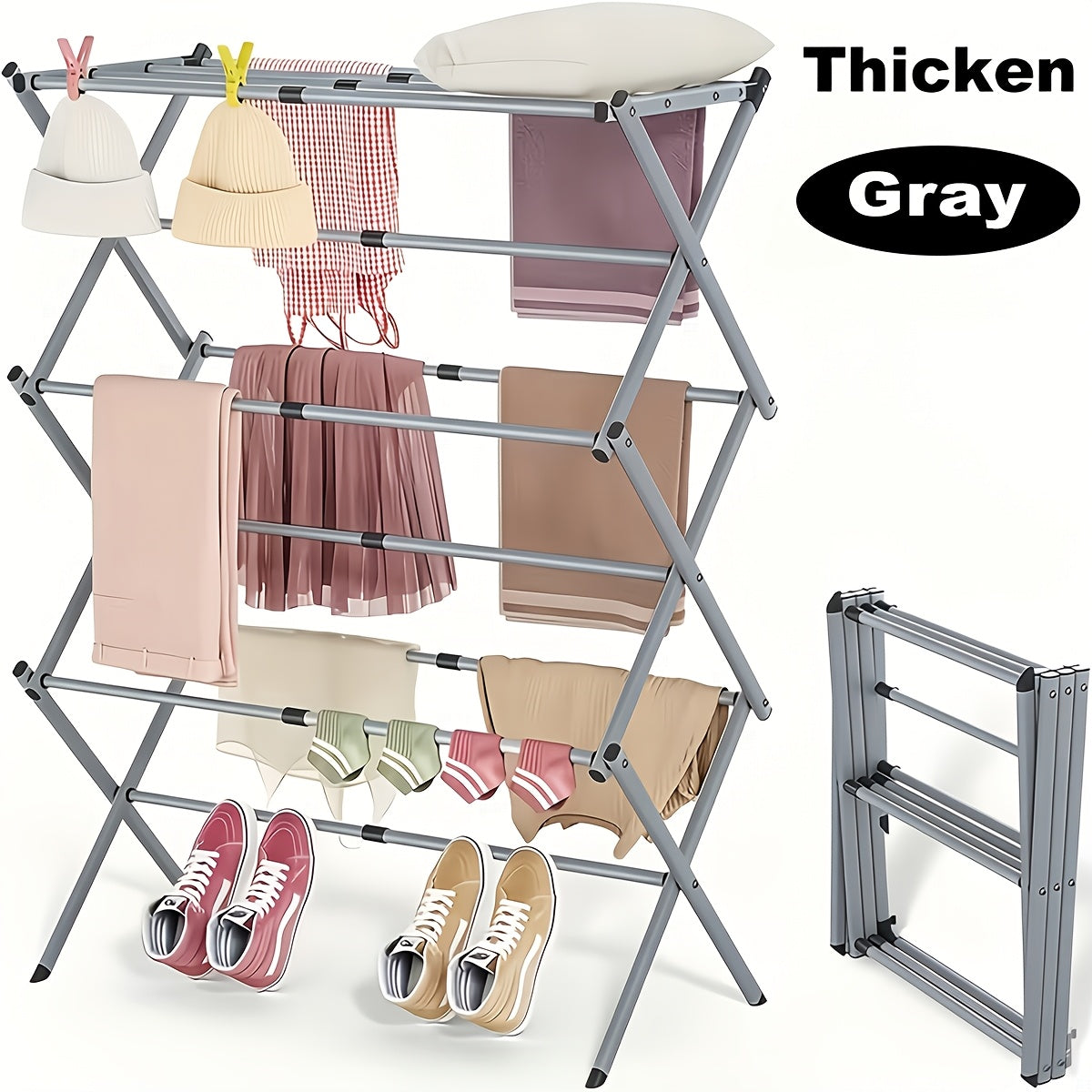 Three-Tier X-Frame Clothes Drying Rack with Collapsible Metal Bars and Gray, White or Top-Rack Configurations