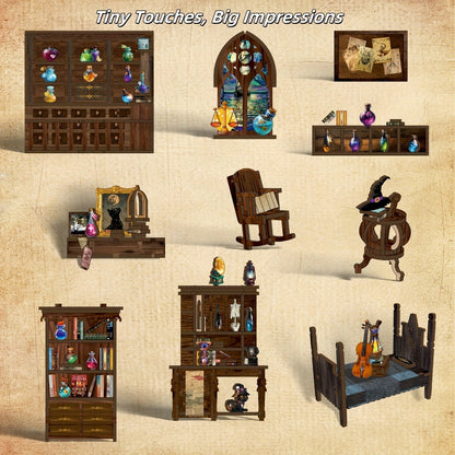 Magic House Book Nook Kit with 388-Piece Library and Potion-Room Scene, Touch Light and Clear Front Panel
