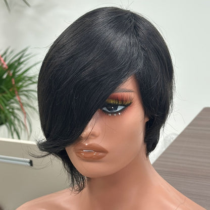 Layered Pixie Human Hair Wig with Side Bangs in #4 Brown, #99J Burgundy or #1 Black Color Options